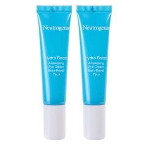 Two tubes of Neutrogena Hydro Boost Awakening Eye Cream with blue packaging and white caps.