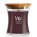 WoodWick Phantom Cherry candle with a wooden lid and flared glass jar design, featuring a wooden wick.