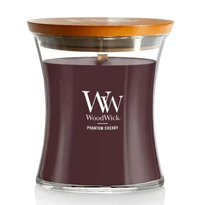 WoodWick Phantom Cherry candle with a wooden lid and flared glass jar design, featuring a wooden wick.