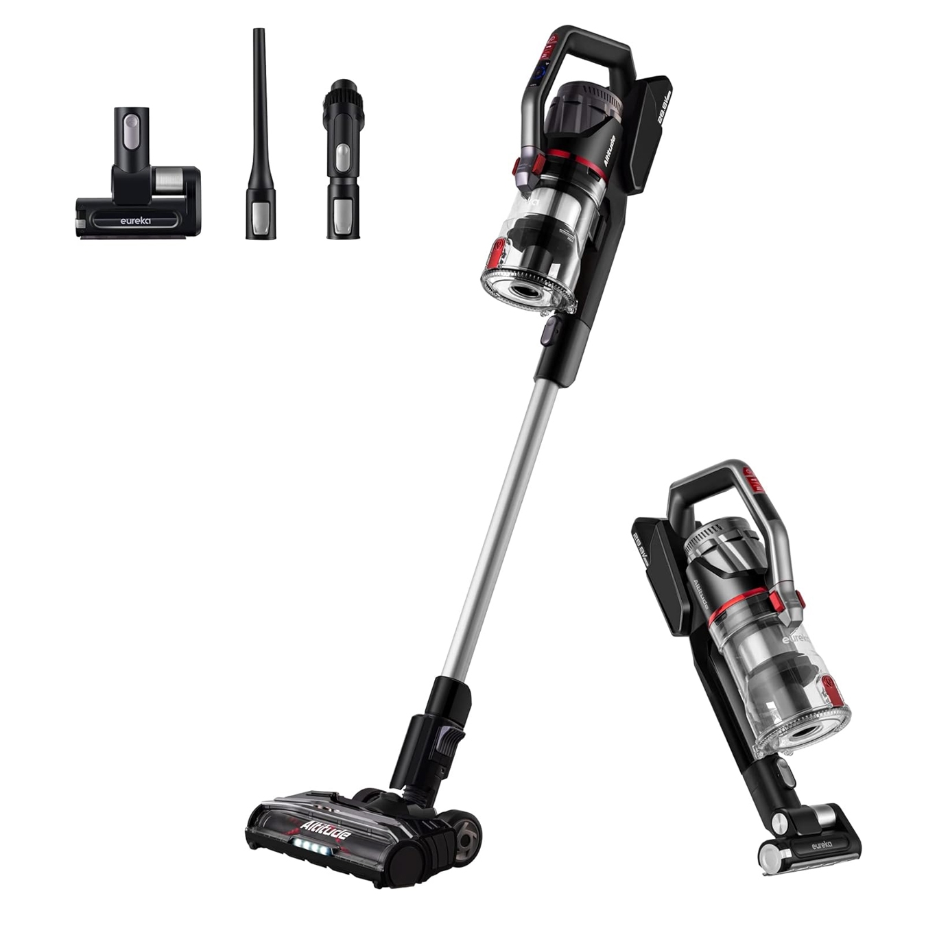 Cordless vacuum cleaner with a motorized brush head and additional attachments, including a crevice tool and a small motorized brush.