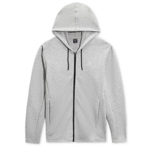 Light gray zip-up hoodie with a hood, black drawstrings, and front pockets. Features a subtle logo on the chest.