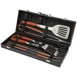 A BBQ tool set in a black case includes a spatula, tongs, a grill brush, and skewers, all with wooden handles.