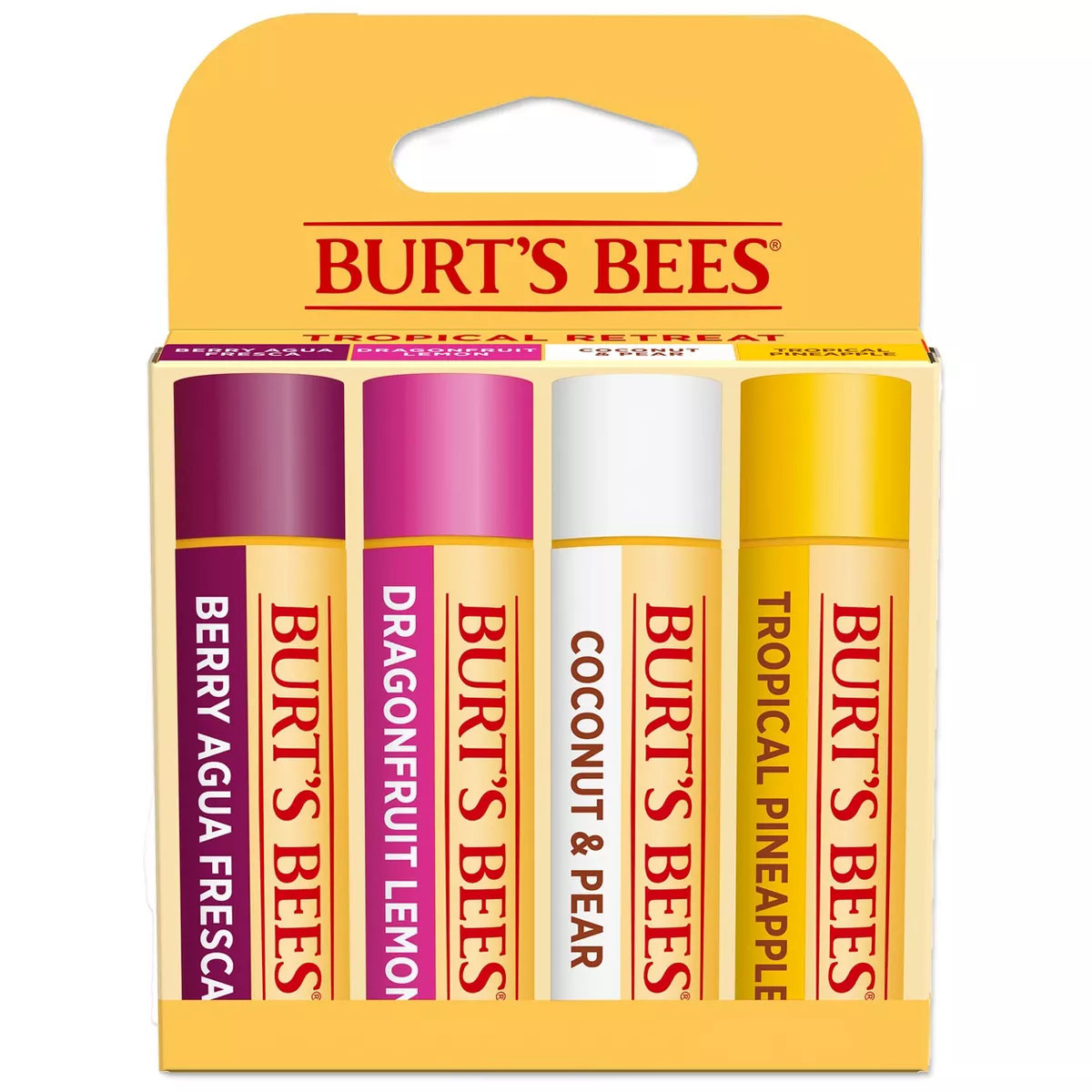 Burt's Bees Tropical Lip Balm 4-pack includes flavors: Berry Agua Fresca, Dragonfruit Lemon, Coconut & Pear, and Tropical Pineapple. Each tube's design features a color-coded cap reflecting its flavor, packed in a yellow carton.