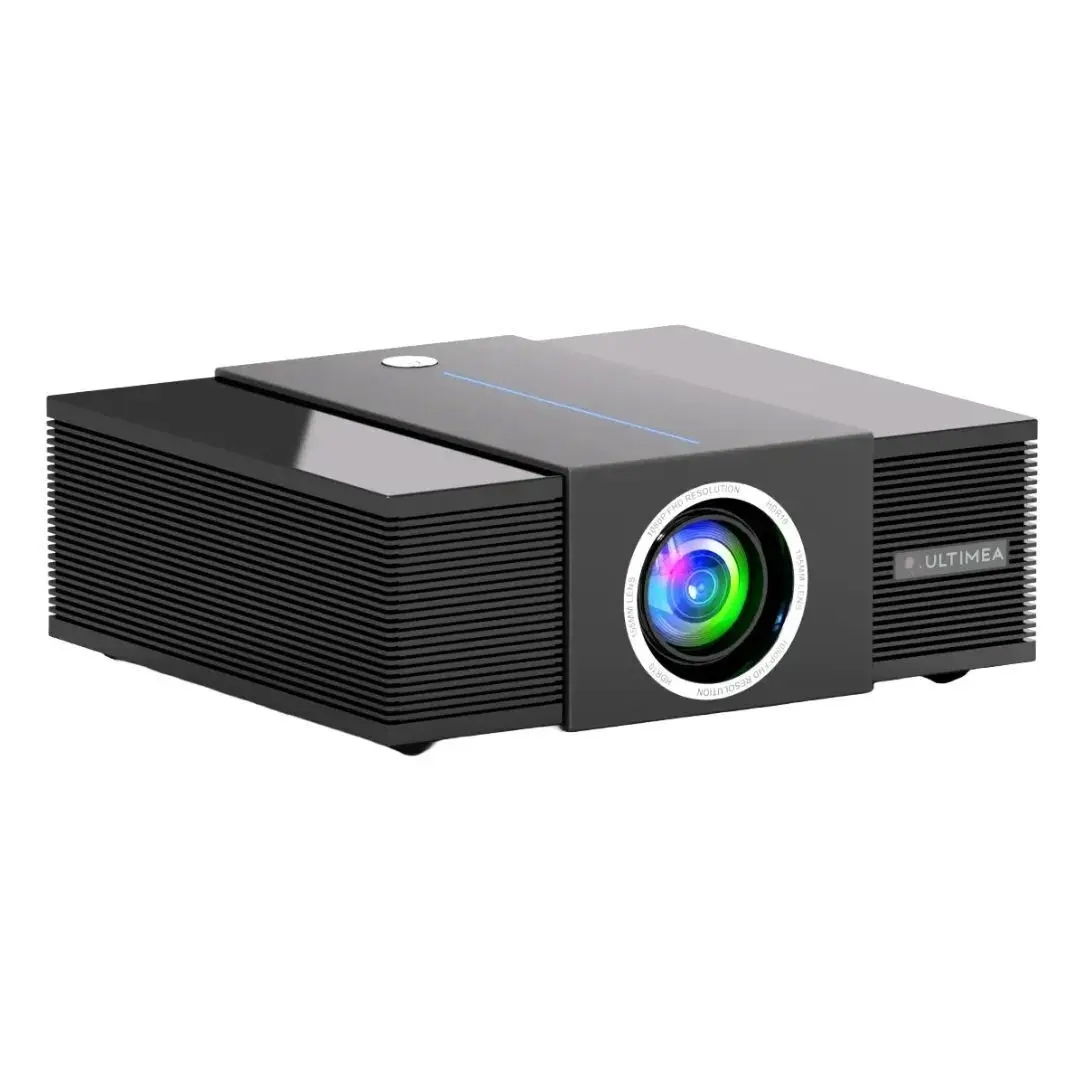 The Ultimea Apollo 4K Projector is a sleek, black projector featuring a prominent lens in the center and a modern design with horizontal ventilation slits, offering high-resolution projection capabilities. It includes branding on the front panel.
