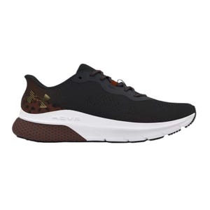 Under Armour UA HOVR Turbulence Shoes feature a black mesh upper with a gold logo, a white midsole, and a brown patterned heel. Designed for comfort and support, they include the HOVR cushioning technology for better energy return.