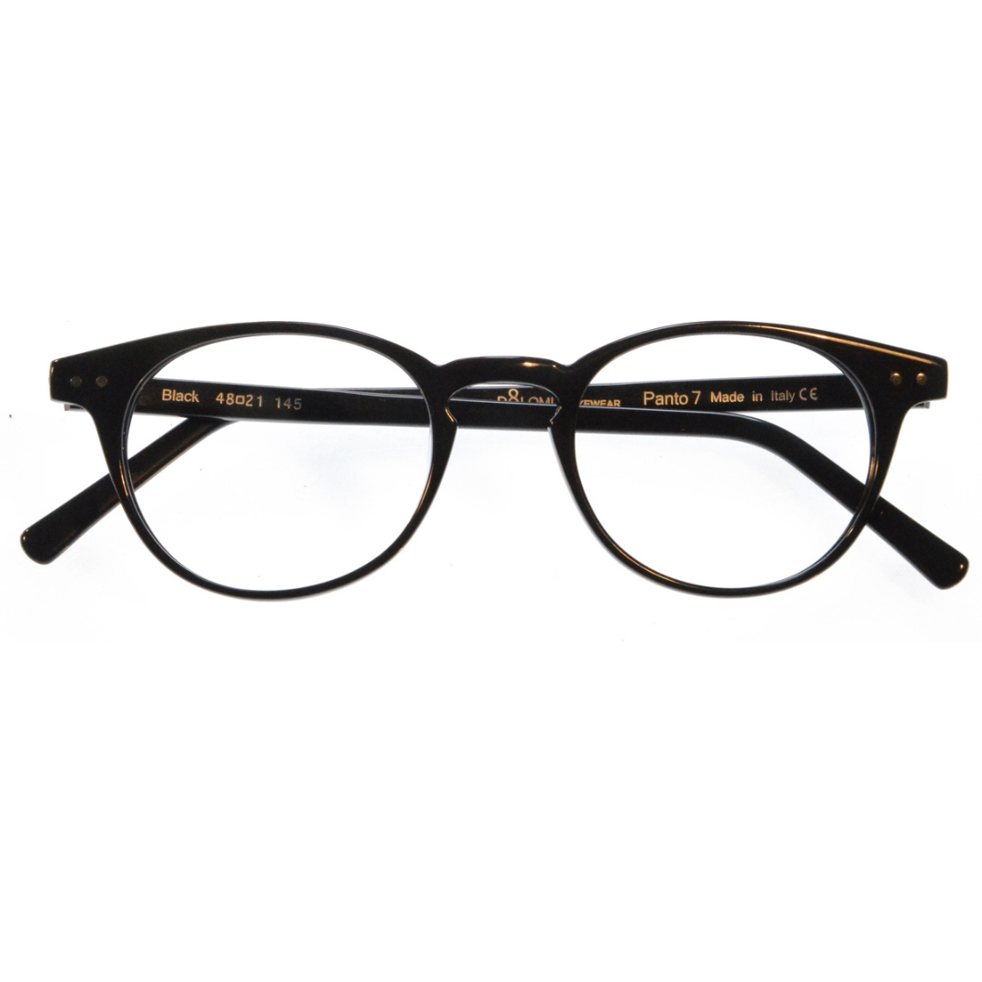 A pair of round-framed black eyeglasses.