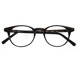 A pair of round-framed black eyeglasses.