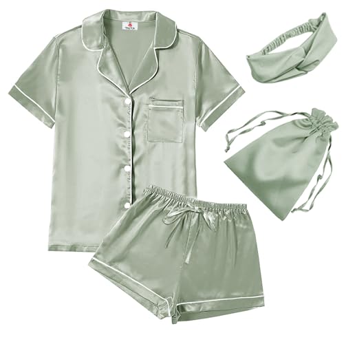 A sage green satin sleepwear set including a short-sleeve button-up top, shorts, an eye mask, and a drawstring bag.