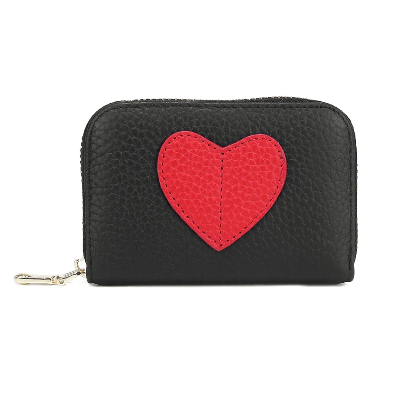 A black wallet with a red heart design on the front, featuring a zipper and a keychain attachment.