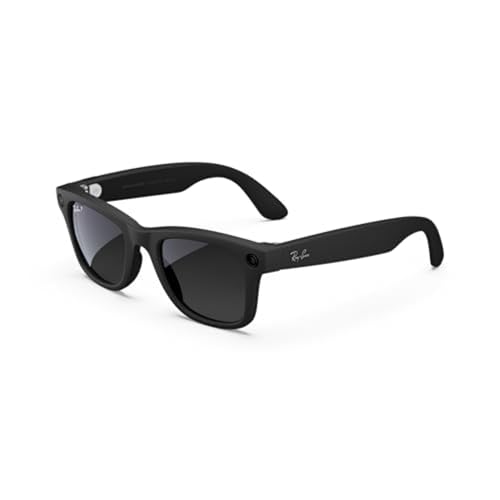 Ray-Ban Meta Glasses + feature a classic Wayfarer style with black frames and tinted lenses, equipped with smart technology including camera and audio capabilities.