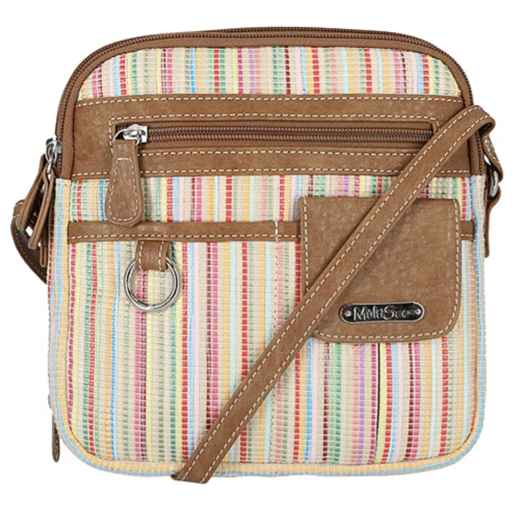 A crossbody bag with a striped multicolor design, featuring brown leather-like trim, multiple front pockets, a zipper closure, and a shoulder strap.