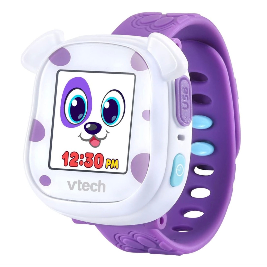 A kids' smartwatch with a playful dog design, purple accents, and a digital display showing the time. It features a USB charging port and a bright colored wristband suitable for children.