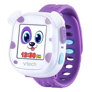 A kids' smartwatch with a playful dog design, purple accents, and a digital display showing the time. It features a USB charging port and a bright colored wristband suitable for children.