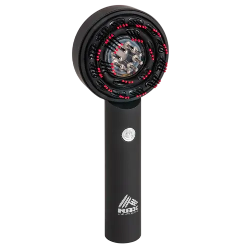 A hand massager featuring a circular design with rolling nodes and a central button, branded with the RBX logo on the handle.