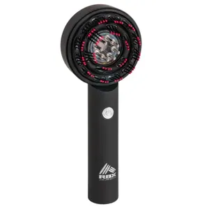 A hand massager featuring a circular design with rolling nodes and a central button, branded with the RBX logo on the handle.