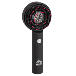 A hand massager featuring a circular design with rolling nodes and a central button, branded with the RBX logo on the handle.