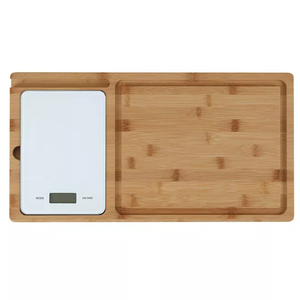 Bamboo cutting board with an integrated digital kitchen scale.