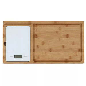Bamboo cutting board with an integrated digital kitchen scale.