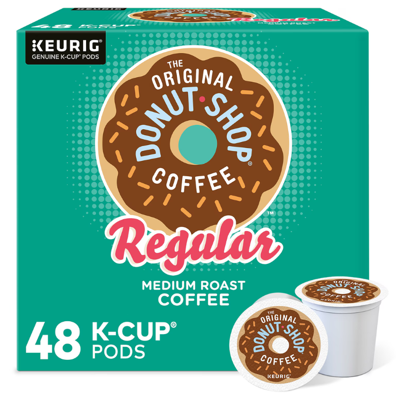 The package contains 48 K-Cup pods of The Original Donut Shop Regular Medium Roast Coffee, compatible with Keurig machines.