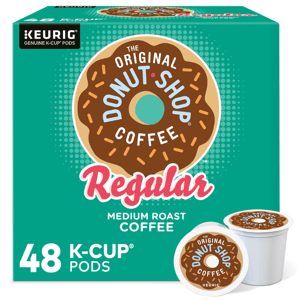 The package contains 48 K-Cup pods of The Original Donut Shop Regular Medium Roast Coffee, compatible with Keurig machines.