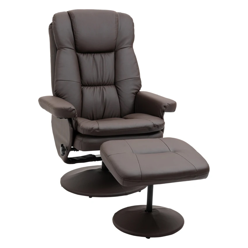 A brown leather recliner chair with an attached footrest, both featuring circular bases and cushioned upholstery.