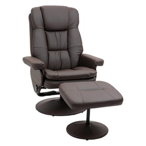 A brown leather recliner chair with an attached footrest, both featuring circular bases and cushioned upholstery.
