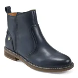 A navy blue leather Chelsea boot with a pull tab, dark brown sole, and decorative stitching, featuring a small metallic logo on the side.