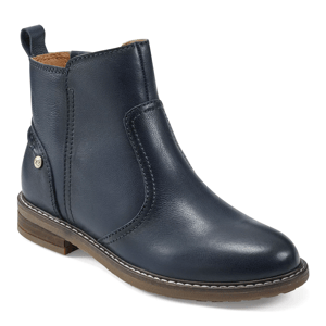 A navy blue leather Chelsea boot with a pull tab, dark brown sole, and decorative stitching, featuring a small metallic logo on the side.