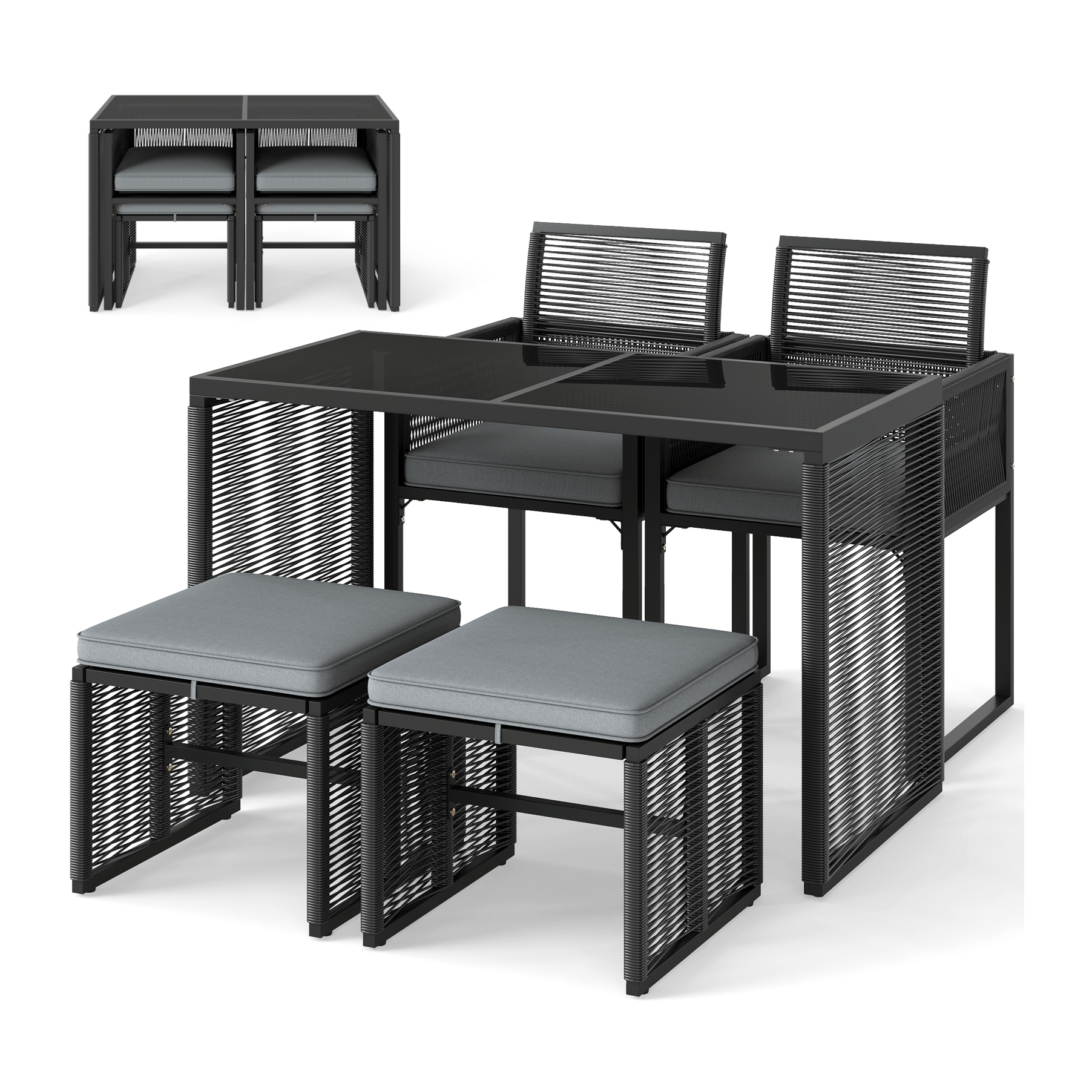 A compact bistro set with a black metal frame featuring a square table and four cushioned chairs that can be neatly tucked under the table for efficient space-saving storage.