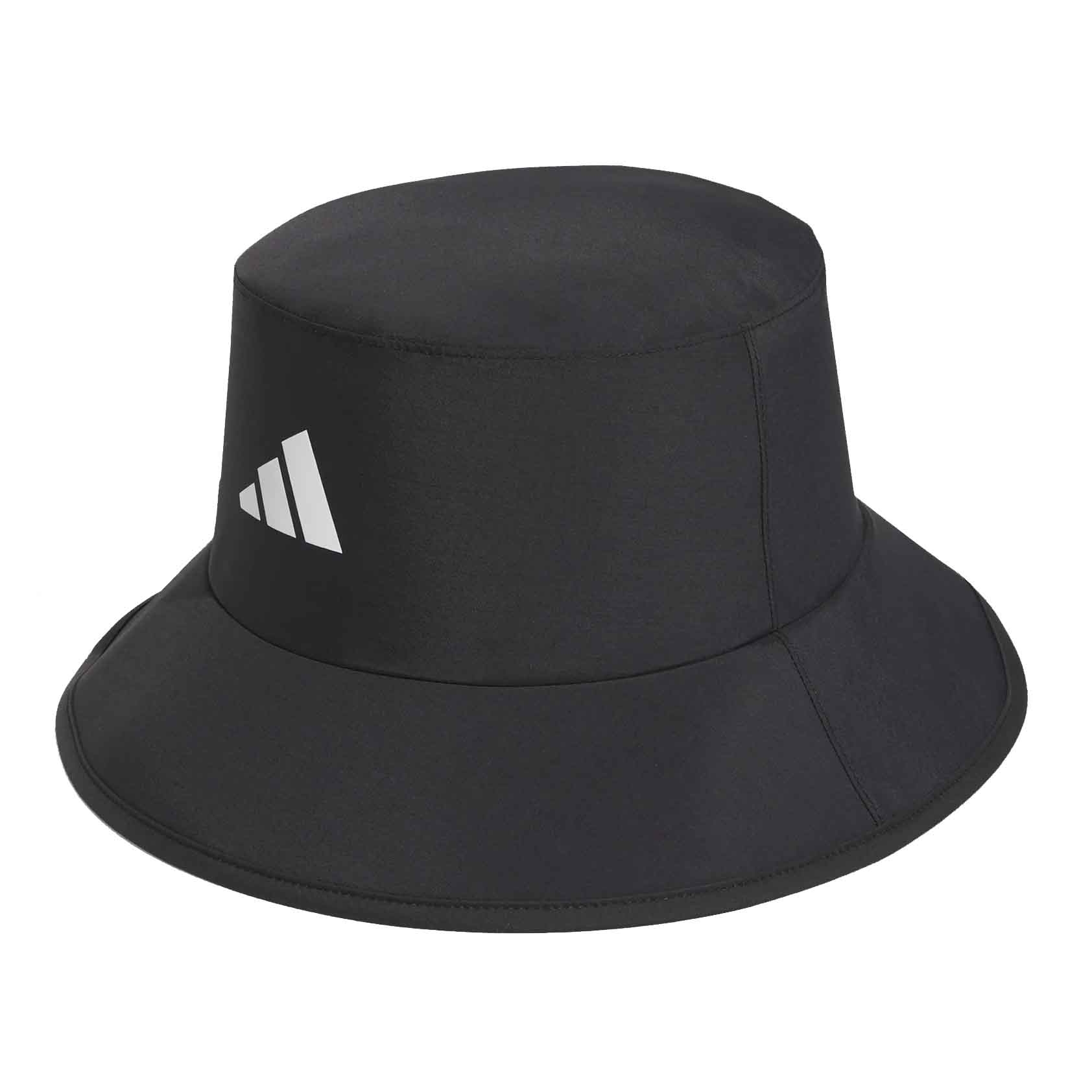 A black bucket hat featuring a white Adidas logo.