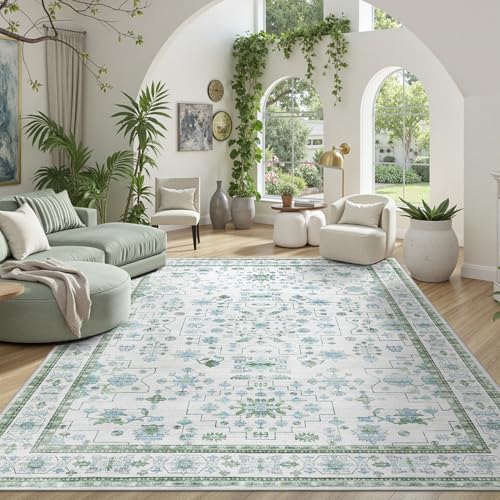 A spacious living room features a large, patterned rug, a green sectional sofa with pillows, white armchairs, planters, and various decorative items including wall art and potted plants, all under arched windows.