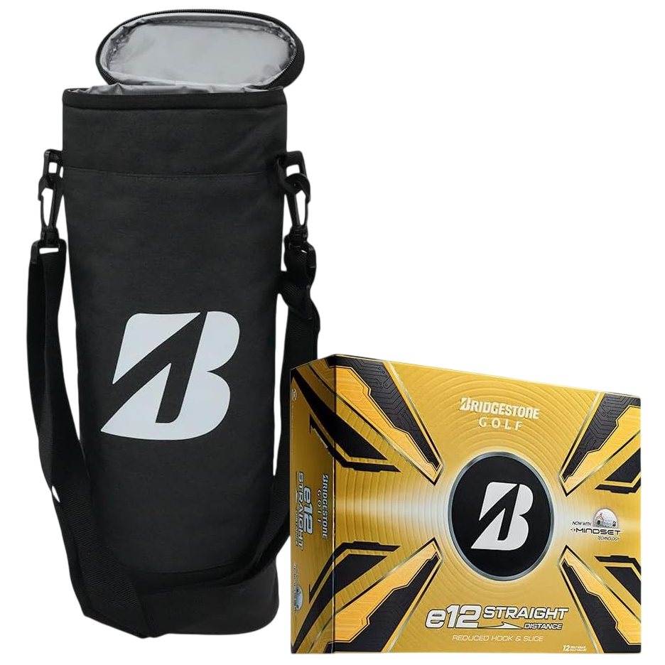 A black cooler bag with a shoulder strap and a box of Bridgestone e12 Straight Distance golf balls in yellow packaging.