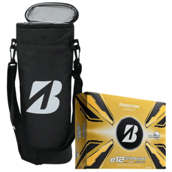 A black cooler bag with a shoulder strap and a box of Bridgestone e12 Straight Distance golf balls in yellow packaging.