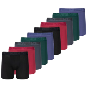 A set of colorful men's boxer briefs with elastic waistbands, each featuring the Puma logo, in various shades including black, red, blue, green, and gray.