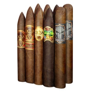 Five cigars with different labels and shades of brown.