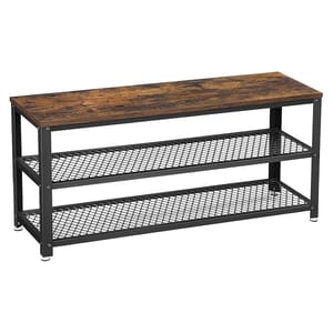 A 3-tier shoe bench with a rustic wooden top and black metal frame, featuring two mesh shelves for storage.