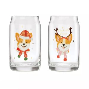 The 2pc Cambridge Corgi Beer Glass Set features two glasses with cute corgi illustrations. One glass reads \“Santa Paws\“ and the other \“Deck the Paws,\“ both with festive designs, including a Santa hat and reindeer antlers.