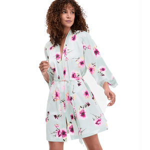 A knee-length, light green satin robe with pink floral patterns, featuring lace-trimmed sleeves and a matching belt for a secure fit.