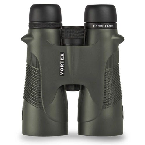 A pair of Vortex Diamondback binoculars, featuring a green body with textured grips and prominent branding on the side.