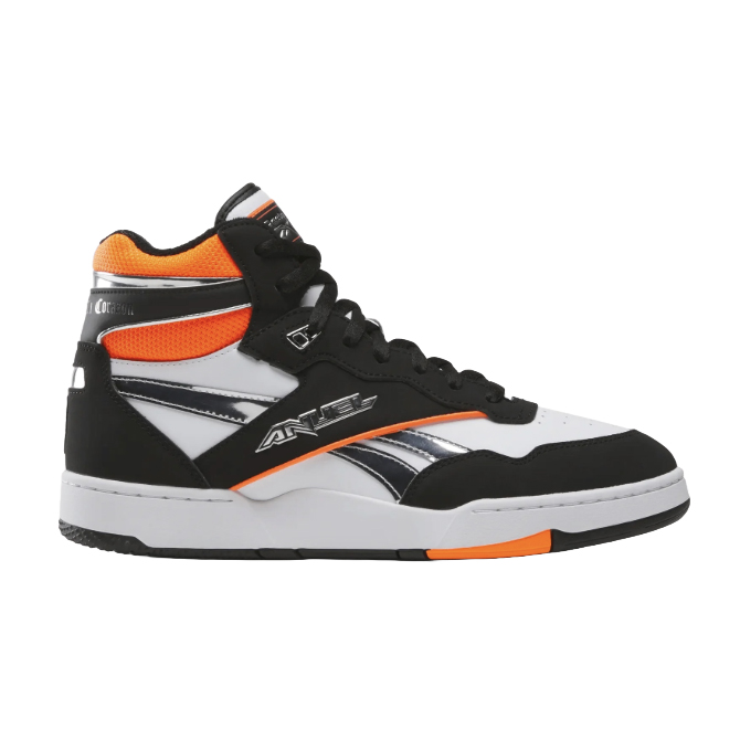 A colorful high-top sneaker with a black, white, orange, and metallic silver design, featuring the ANTA logo.