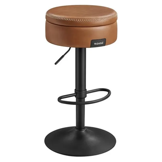 A brown round adjustable bar stool with a cushioned seat, black metal base, and footrest from VASAGLE.