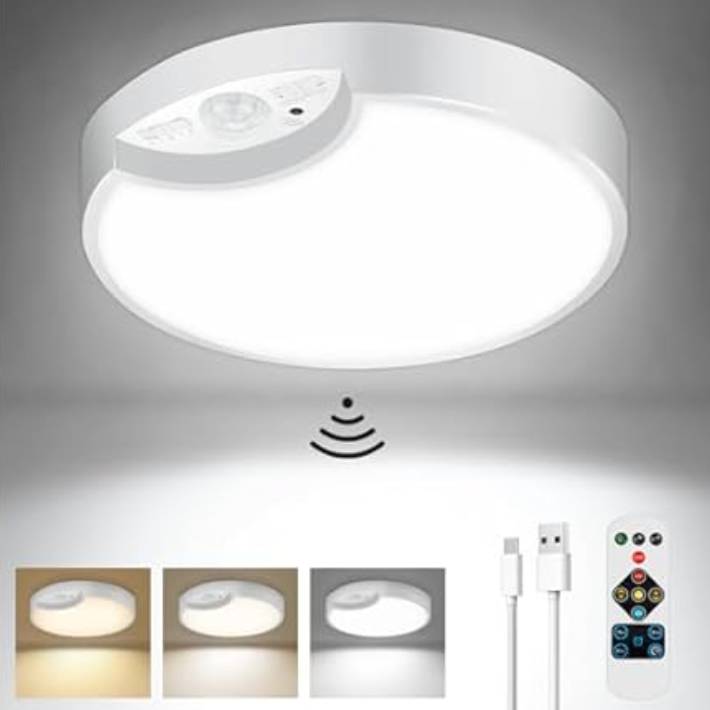 A ceiling-mounted LED motion sensor light with adjustable color temperatures shown in three options. Includes a remote control and USB charging cable.