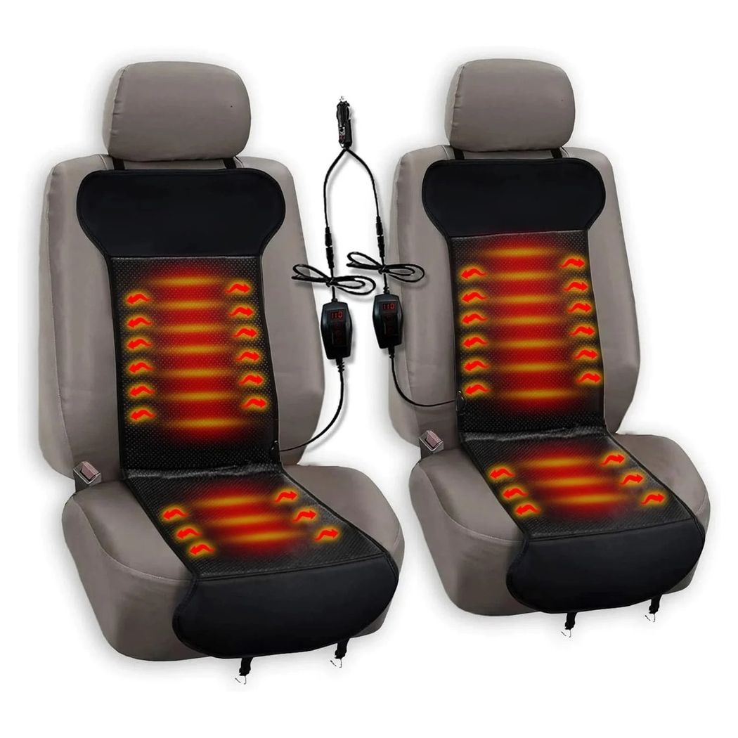 Two gray heated seat covers with red heating elements are shown, featuring digital controllers and connections for a car's power outlet.
