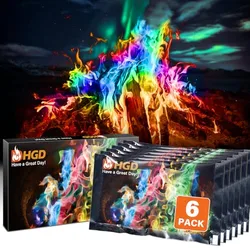 This is a 6-pack of HGD campfire color packets that enhance fire by creating vibrant multicolored flames, as depicted on the packaging and in the campfire image above.
