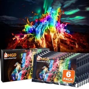 This is a 6-pack of HGD campfire color packets that enhance fire by creating vibrant multicolored flames, as depicted on the packaging and in the campfire image above.