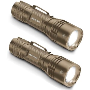 Two bronze-colored GearLight flashlights with textured grips and wrist straps.