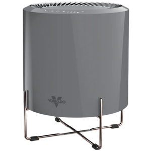 A Vornado air purifier in gray, featuring a modern design with a circular top vent and supported by a metal stand.
