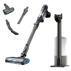 Cordless stick vacuum cleaner with multiple attachments, including a pet hair tool, crevice tool, and dusting brush. Includes a sleek charging stand.