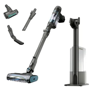 Cordless stick vacuum cleaner with multiple attachments, including a pet hair tool, crevice tool, and dusting brush. Includes a sleek charging stand.
