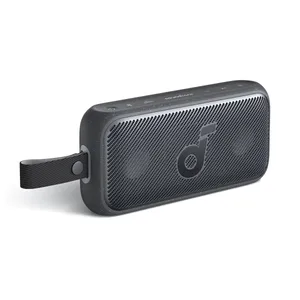 The Soundcore Motion 300 Speaker is a portable Bluetooth speaker with a sleek rectangular design, featuring a speckled black finish, a prominent logo on its mesh grille, and a convenient carrying handle.